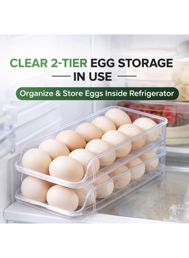 أرابيكو حامل بيض للثلاجة، منظم بيض أوتوماتيكي متحرك، حاوية تخزين بيض قابلة للتكديس من طبقتين مع غطاء، صينية توزيع بيض بلاستيكية شفافة للثلاجة، منظم مطبخ موفر للمساحة - Image 4